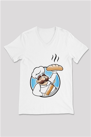 Aşçı Beyaz Unisex V Yaka Tişört T-Shirt