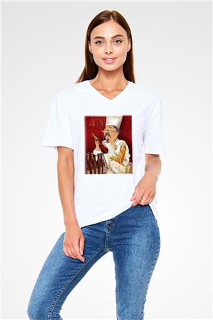 Aşçı Beyaz Unisex V Yaka Tişört T-Shirt