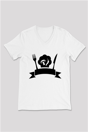 Aşçı Beyaz Unisex V Yaka Tişört T-Shirt