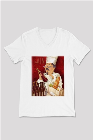 Aşçı Beyaz Unisex V Yaka Tişört T-Shirt