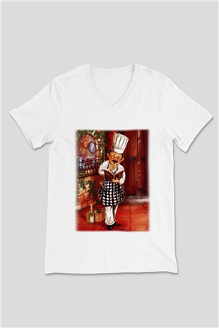 Aşçı Beyaz Unisex V Yaka Tişört T-Shirt