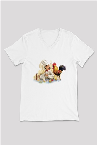 Aşçı Beyaz Unisex V Yaka Tişört T-Shirt