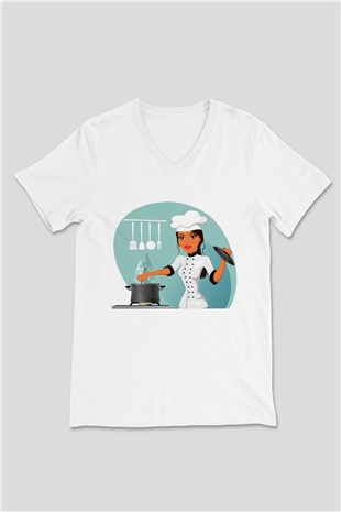 Aşçı Beyaz Unisex V Yaka Tişört T-Shirt