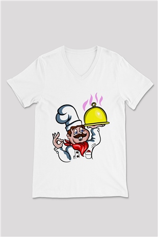 Aşçı Beyaz Unisex V Yaka Tişört T-Shirt