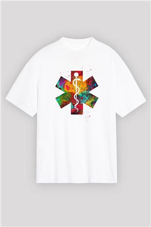 Asclepius Baskılı Unisex Oversize Beyaz Tişört - Tshirt