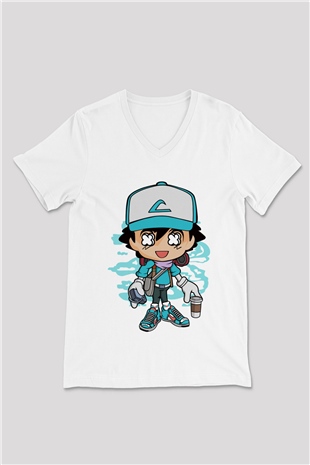 Ash Street Style Baskılı Unisex Beyaz V Yaka Tişört