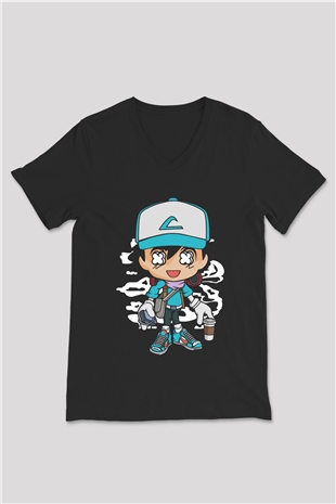 Ash Street Style Baskılı Unisex Siyah V Yaka Tişört