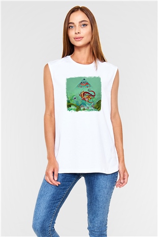 Asia Baskılı Unisex Beyaz Kolsuz Tişört