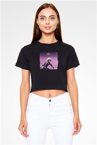 Asia Baskılı Unisex Siyah Crop Top Tişört