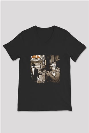 Asia Baskılı Unisex Siyah V Yaka Tişört