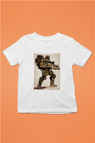 Asker Baskılı Beyaz Unisex Çocuk Tişört