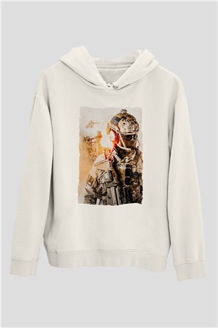 Asker Beyaz Unisex Kapüşonlu Sweatshirt