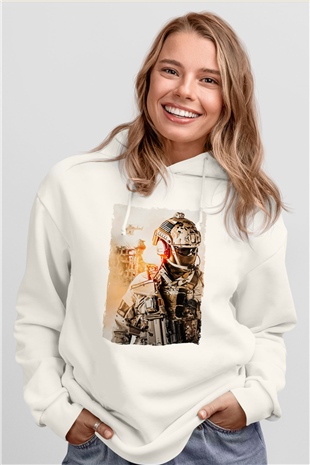 Asker Beyaz Unisex Kapüşonlu Sweatshirt