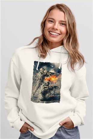 Asker Beyaz Unisex Kapüşonlu Sweatshirt