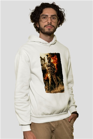 Asker Beyaz Unisex Kapüşonlu Sweatshirt