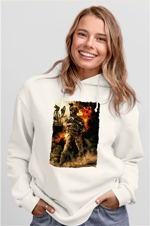 Asker Beyaz Unisex Kapüşonlu Sweatshirt