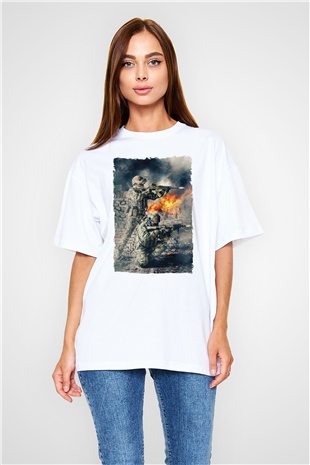 Asker Beyaz Oversize Tişört Oversize T-shirt - TişörtFabrikası