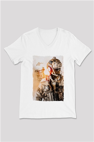 Asker Beyaz Unisex V Yaka Tişört