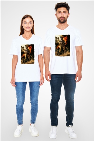 Asker Beyaz Unisex V Yaka Tişört