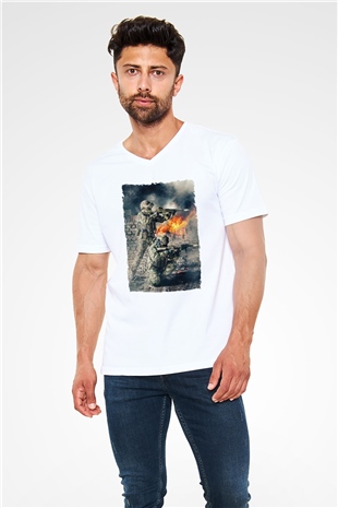 Asker Beyaz Unisex V Yaka Tişört
