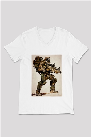 Asker Beyaz Unisex V Yaka Tişört T-Shirt