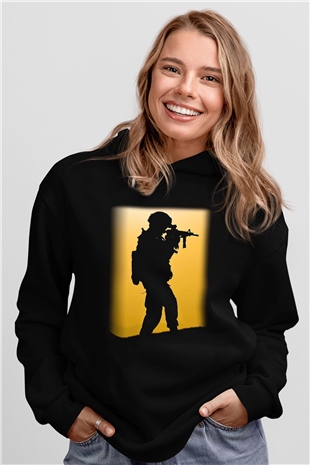 Asker Siyah Unisex Kapşonlu Sweatshirt