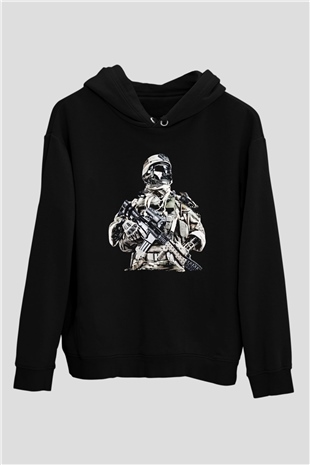 Asker Siyah Unisex Kapüşonlu Sweatshirt
