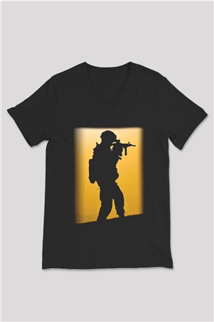 Asker Siyah Unisex V Yaka Tişört T-Shirt