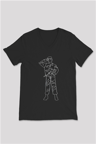Asker Siyah Unisex V Yaka Tişört T-Shirt
