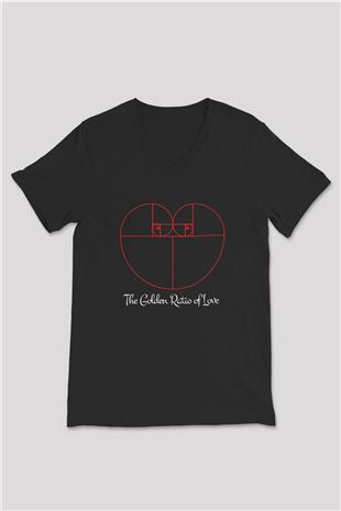 Aşkın Altın Oranı Baskılı Unisex V Yaka Siyah Tİşört - Tshirt