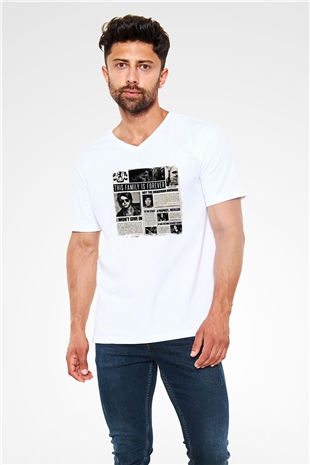 Asking Alexandria Baskılı Unisex Beyaz V Yaka Tişört