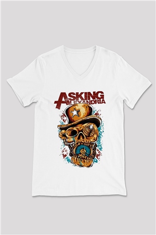 Asking Alexandria Beyaz Unisex V Yaka Tişört