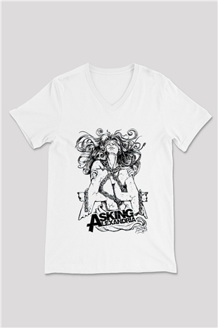 Asking Alexandria Beyaz Unisex V Yaka Tişört T-Shirt