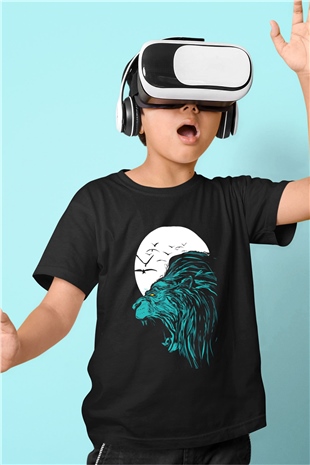 Aslan Baskılı Siyah Unisex Çocuk Tişört