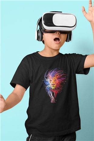 Aslan Baskılı Siyah Unisex Çocuk Tişört