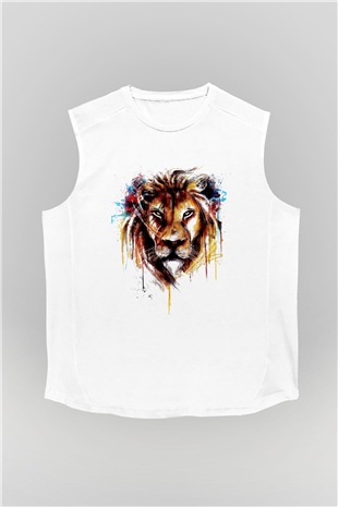 Aslan Baskılı Unisex Beyaz  Kolsuz Tişört