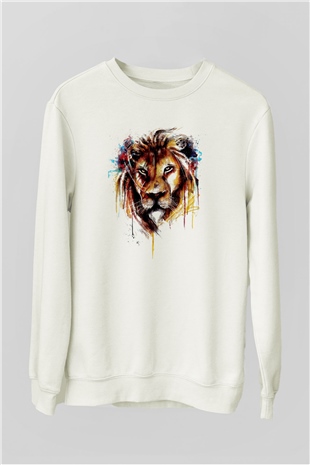 Aslan Baskılı Unisex Beyaz  Sweatshirt