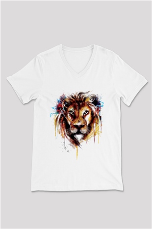 Aslan Baskılı Unisex Beyaz  V Yaka Tişört