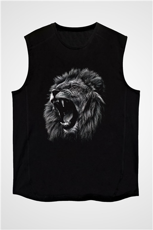Aslan Baskılı Unisex Siyah  Kolsuz Tişört