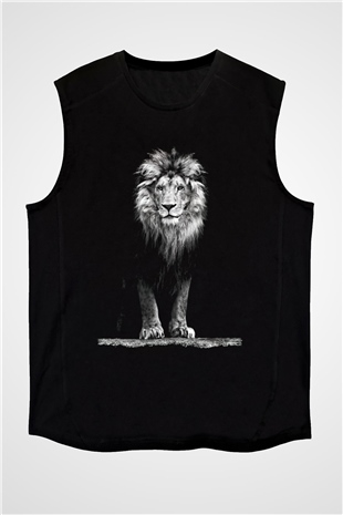 Aslan Baskılı Unisex Siyah  Kolsuz Tişört