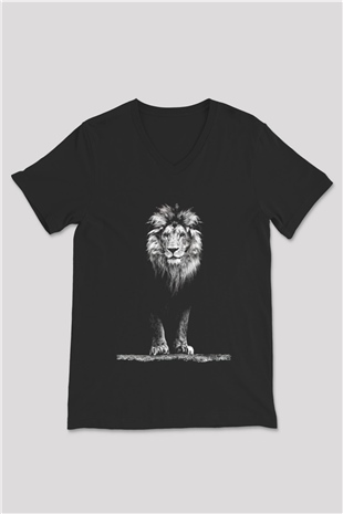 Aslan Baskılı Unisex Siyah  V Yaka Tişört