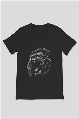 Aslan Baskılı Unisex Siyah  V Yaka Tişört