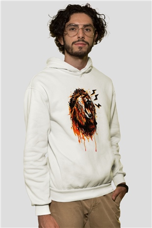Aslan Beyaz Unisex Kapşonlu Sweatshirt