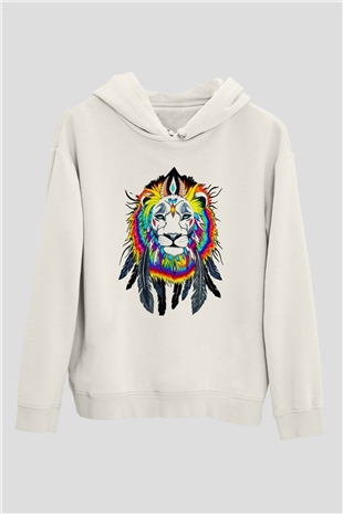 Aslan Beyaz Unisex Kapşonlu Sweatshirt