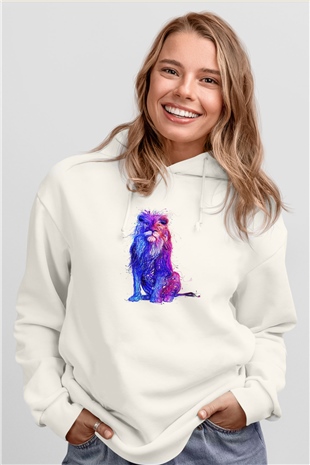 Aslan Beyaz Unisex Kapşonlu Sweatshirt