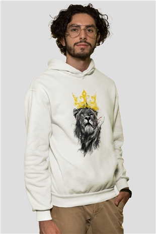 Aslan Beyaz Unisex Kapşonlu Sweatshirt
