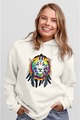 Aslan Beyaz Unisex Kapşonlu Sweatshirt