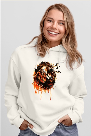Aslan Beyaz Unisex Kapşonlu Sweatshirt