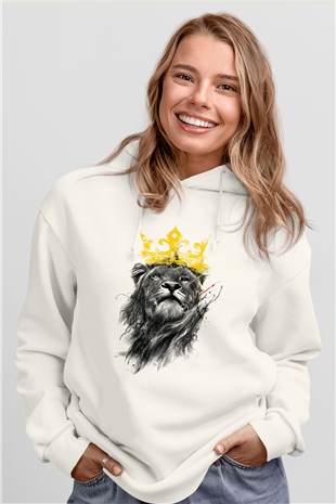 Aslan Beyaz Unisex Kapşonlu Sweatshirt
