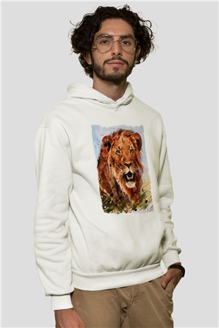 Aslan Beyaz Unisex Kapüşonlu Sweatshirt